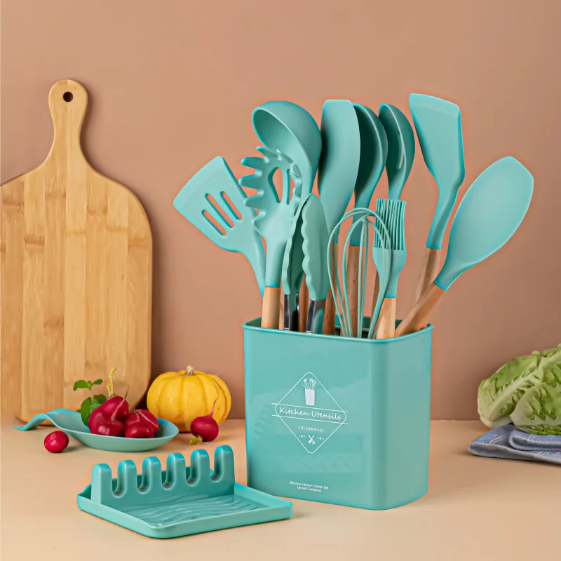 

Best Silicone Cooking Utensil Set Wooden Handle Spatula Soup Spoon Brush Ladle Pasta Colander Non-stick Cookware Kitchen Tools