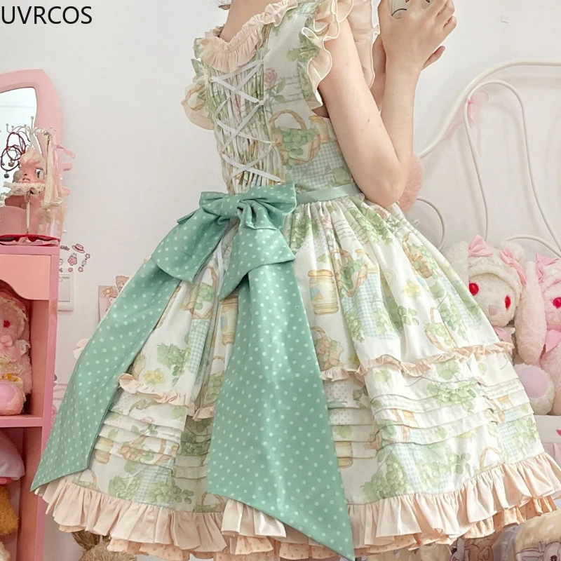 Lolita Dress Lolita Cosplay Costumes Japanese Kawaii Lolita Jsk Dress Women Victorian Retro Ruffle Grape Print Bandage Bow Trailing Princess Dresses Party Mini Dress