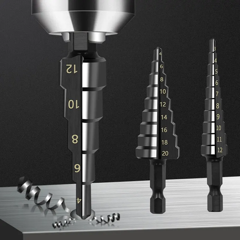 3Pcs HSS Straight Groove Step Drill Bit 3-12mm 4-12mm 4-20mm Nitride Black Hex Wood Metal Hole Cutter Core Drilling Tools Set BEST SELLERS