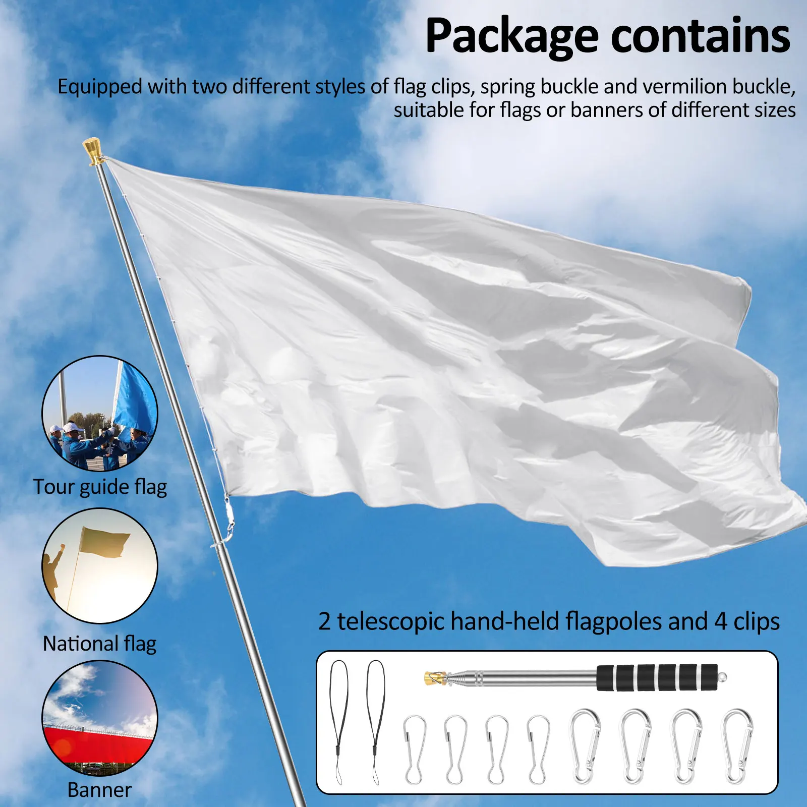 2Pcs Portable Telescopic Flag Pole 2/2.5/3M Stainless Steel Handheld Flag Pole with Spring Carabiner & Clip Tour Guide Flag Pole