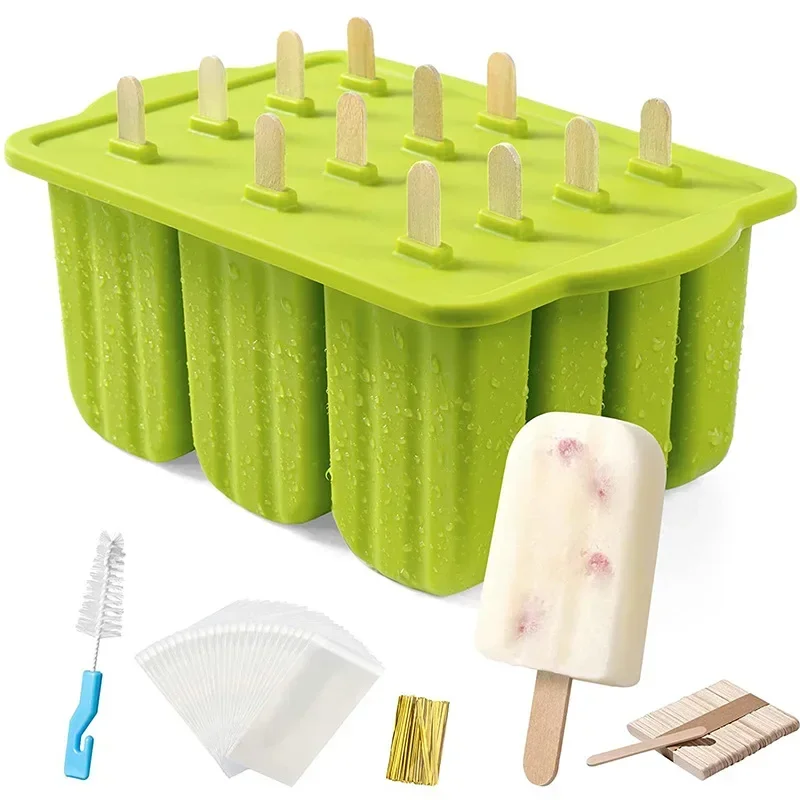 12 Cavity Food Grade Silicone Ice Cream Mold with Cover DIY Popsicle Box Lolly Mould Dessert Ice Cube Tray Maker Kitchen Gadgets