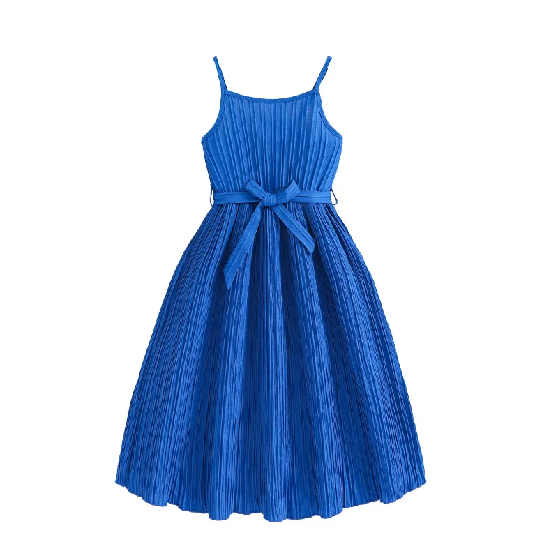 

Детское платье-комбинация От 8 до 12 лет, летнее однотонное плиссированное платье-трапеция на бретелях-спагетти с поясом