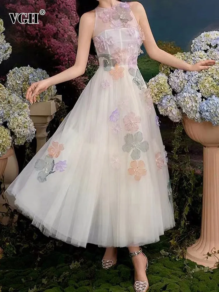 

Женское облегающее платье-трапеция VGH, Сетчатое лоскутное платье с цветочным принтом, с круглым вырезом, без рукавов, летняя одежда