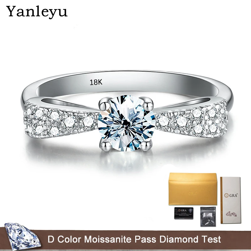 

Yanleyu Elegant Women's Wedding Enagement Ring Real 18K White Gold Fine Jewelry 0.5ct D Color Moissanite Bowknot Finger Ring