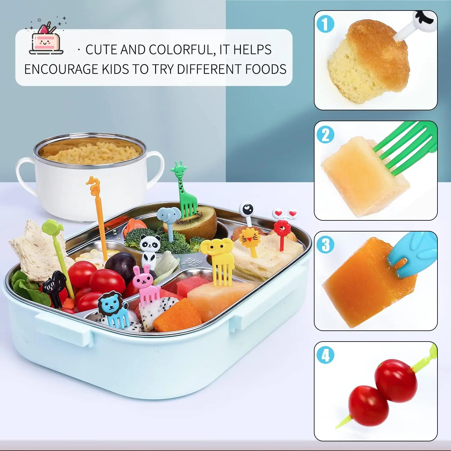Description Picture 4 of itemCute Mini Food Picks Children Animal Toddler Cartoon Snack Cake Dessert Food Fruit Forks With Cutter Silicone Lunch Box Dividers