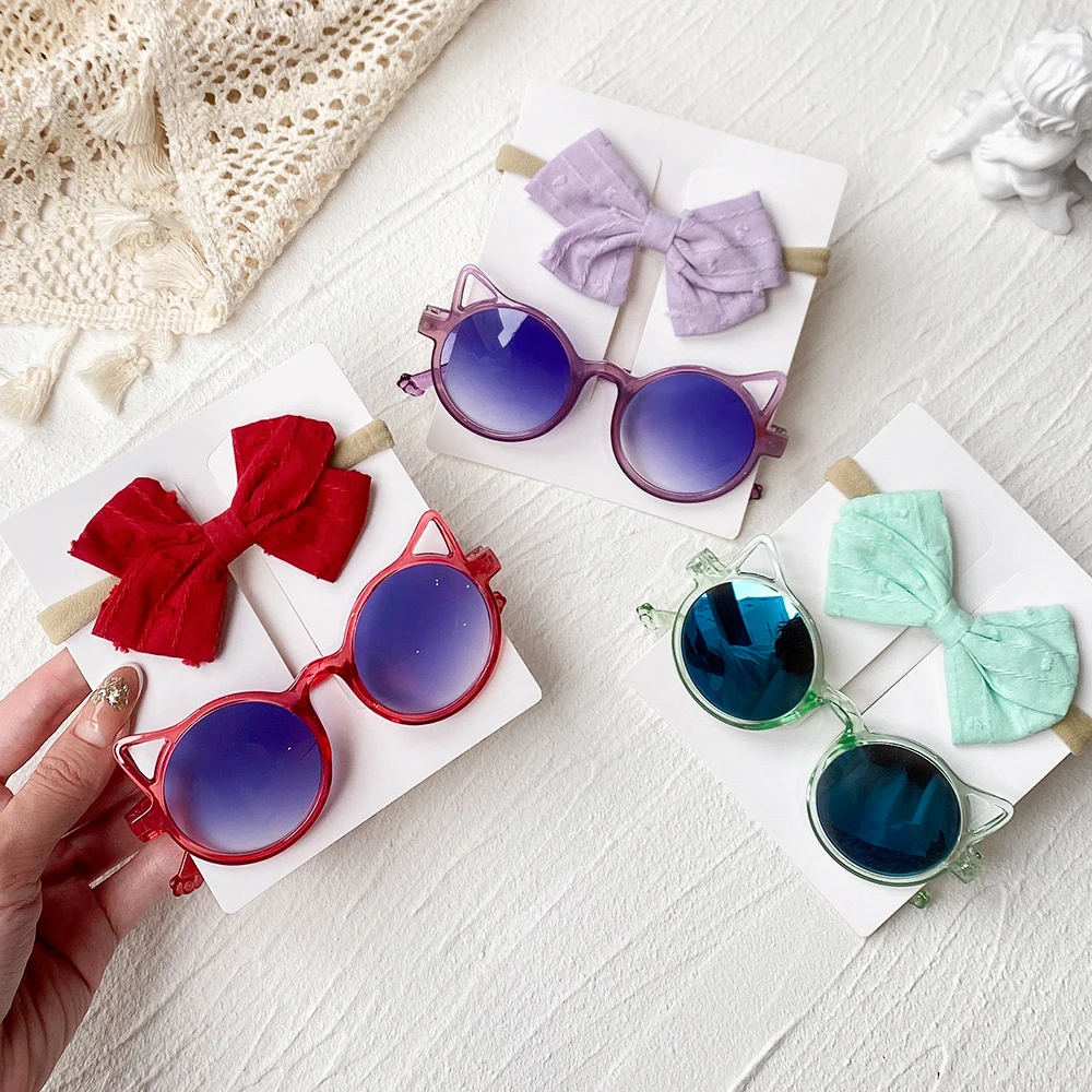 2Pcs/Pack Sunglasses Bows Headband Set Vintage Kids Summer Round Sun Glasses Children Protection Glasses Baby Hair Accessories 3