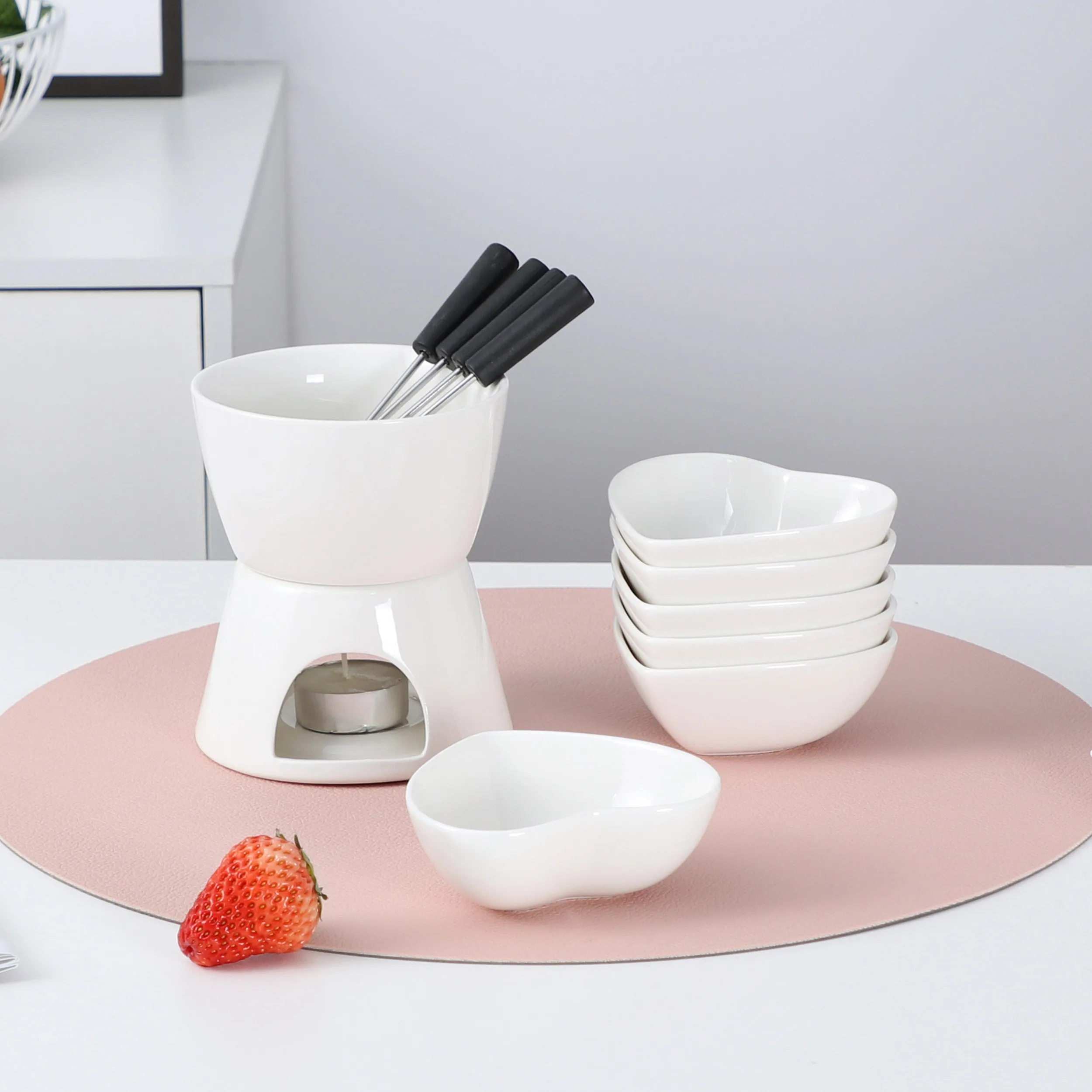 Ceramic chocolate fondue set heart shape Heart Shaped Chocolate Fondue Set, round shape fondue, Perfect Gift for Valentines Day
