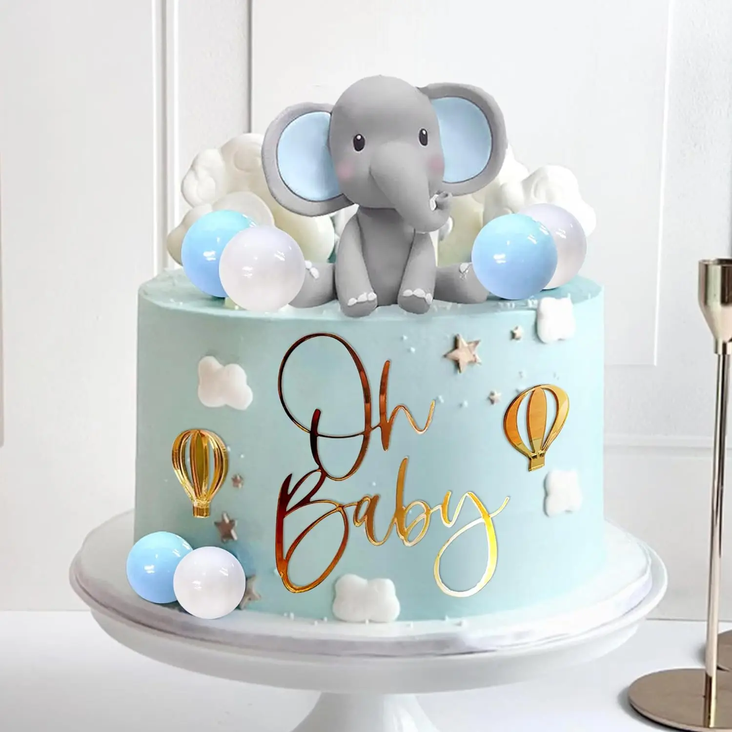 Elephant Cake Decoration with Oh Baby Cake Topper Pearl Balls Hot Air  Balloon for Baby Shower Boy Elephant Theme Birthday Party - AliExpress, image size:1500x1500