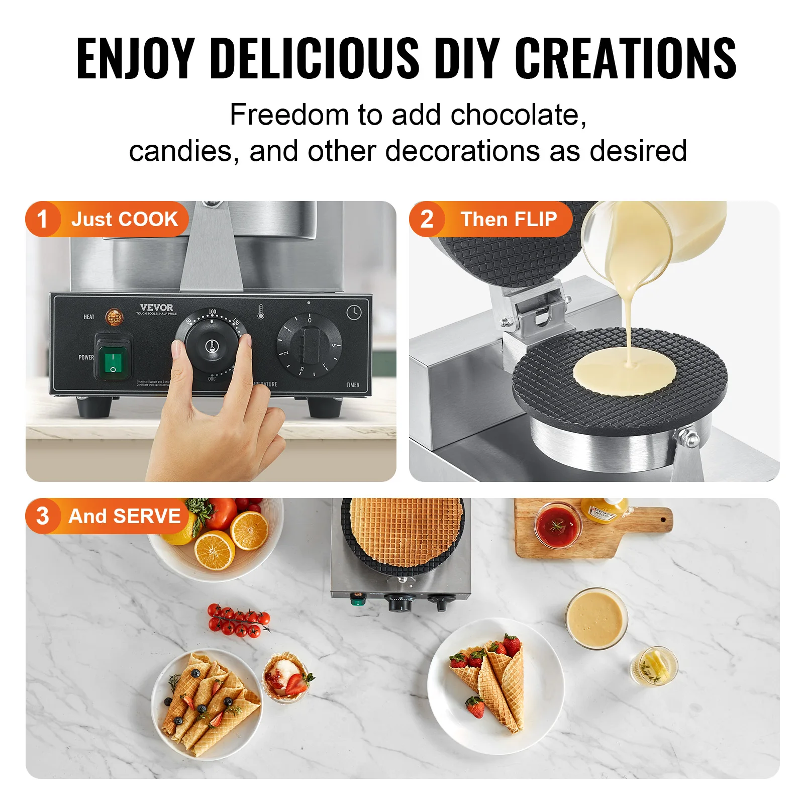 SucceBuy Electric Ice Cream Cone Maker Commercial Non-Stick Stainless Steel Egg Roll Mold with Temperature and Time Control 6