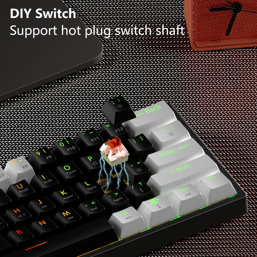 Usb Teclado Mecânico Gaming Interruptor Vermelho 61 Chaves com Fio Cabo Destacável Rgb Backlit Hot Swappable Mucai-mk61 - Imagem 2