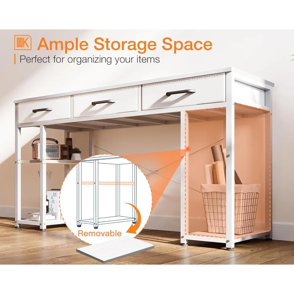 Small Computer Desk: Home Table with Fabric Drawers & Storage Shelves, Modern Writing Desk, White, 48"x16", Computers Desks 6