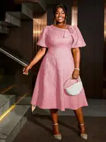 Plus Size Pink Rose Jacquard A-Line Dress with Puff Sleeves & Bow Detail - Image 6