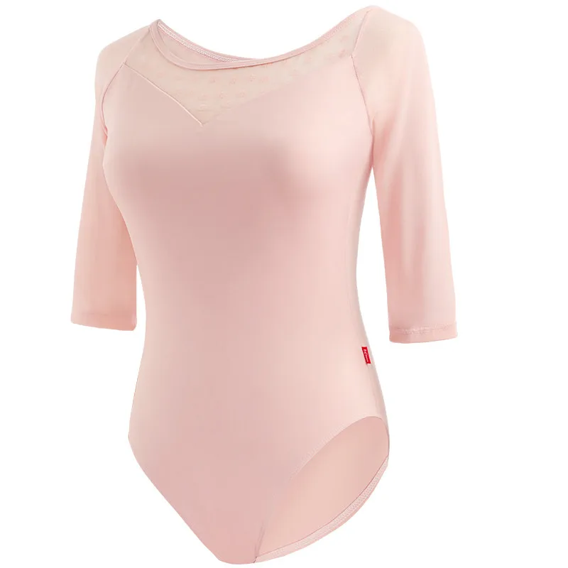 Women Black Mesh Dance Leotards Three Quarter Sleeve Ballet Splicing Leotards Adult Ballet Practice Dance Gymnastics