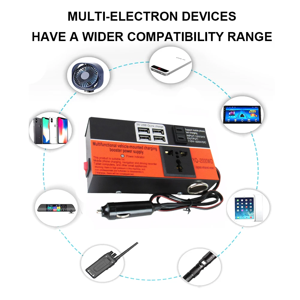 200W 차량용 파워 인버터, 4개 USB 포트 포함, DC 12V 24V를 AC 110V 220V로 변환하는 차량용 인버터 전압 변환기 (휴대폰, 노트북, 태블릿용)