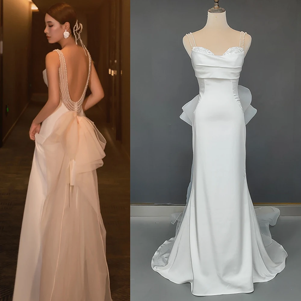 

Съемное свадебное платье-футляр с бантом и шлейфом жемчужные Шлейфы на тонких бретельках индивидуальный пошив Большие размеры элегантные свадебные платья с открытой спиной