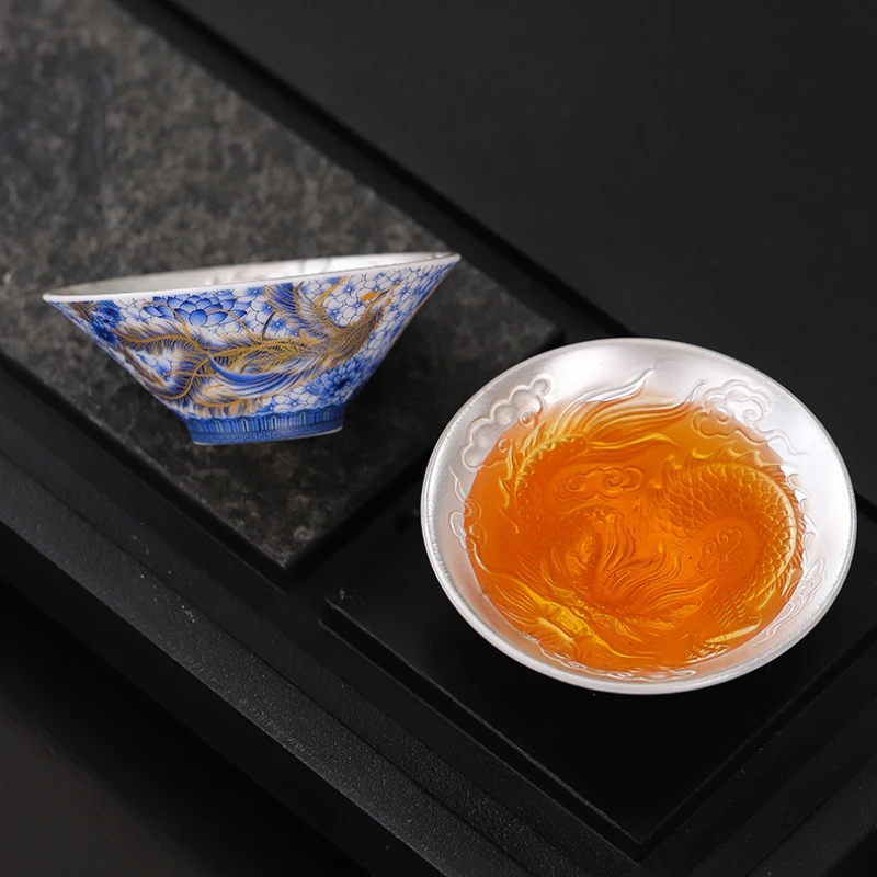 Exquisite enamel gilded silver dragon patterned tea cup 1pcs Ceramic Tea Bowl Home Pu 'er Master Cup Handmade Porcelain Tea Set