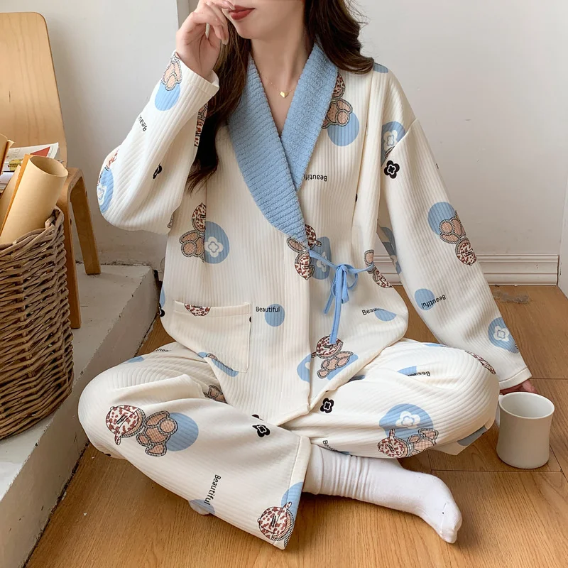 thumbnail image 1 of Conjunto de pijama de dos piezas de algodón para madre, ropa de maternidad para amamantar, cómoda, gruesa, para Otoño e Invierno, 1 of 4