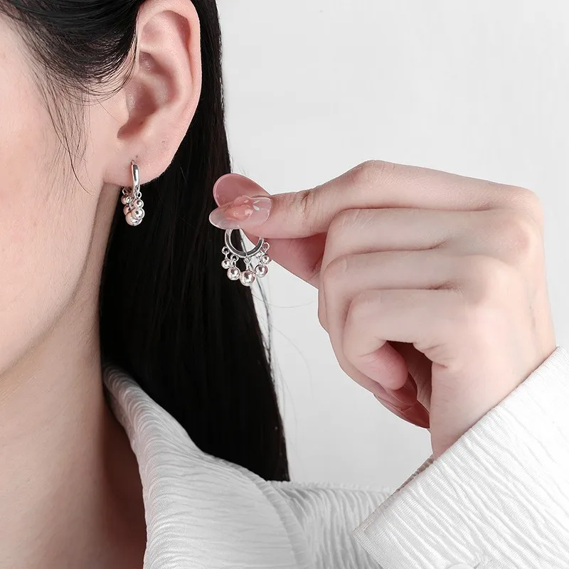 Round Beads Tassel Dangle Hoop Earrings for Women Silver Color Korean Fashion Trendy Ear Jewelry Wholesale серьги женские