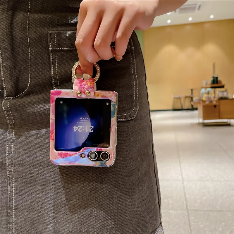 Ring Blu-ray Flower Phone Case For Samsung Galaxy Z Flip 5 4 3 5G PC Protective Flip5 Flip4 Flip3 Cover