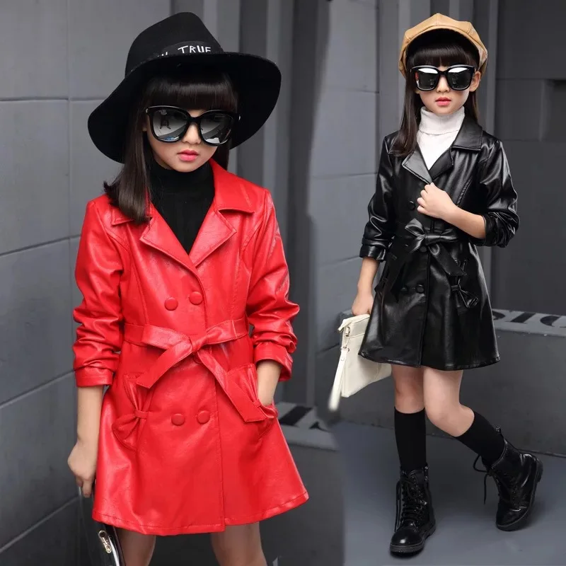 

2020 New Girl's Pu Leather Jacket Long Dress Double-breasted Buttons Kids Windbreaker Teen Girl Cool Coat Children Clothing