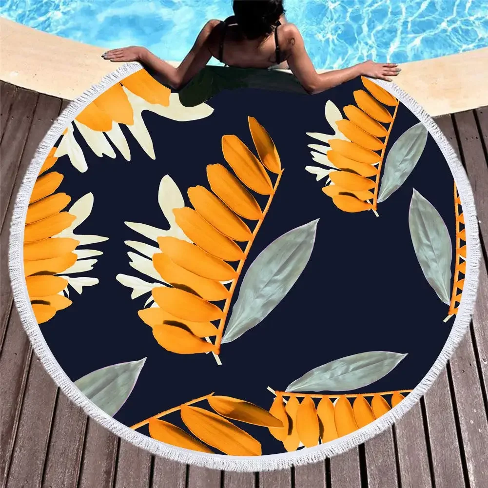 Round Beach Towel Oversized Blanket Palm Leaf Tropical Style Flamingo Print Microfiber Large Round Towel Picnic Absorbent Towel 3