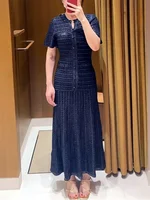 New Luxury Long Waist-cinching Sequin Dress Elegant Style Navy Blue Fit Dresses Women 2026 Party Round Neck Short-sleeved Gown - Image 2