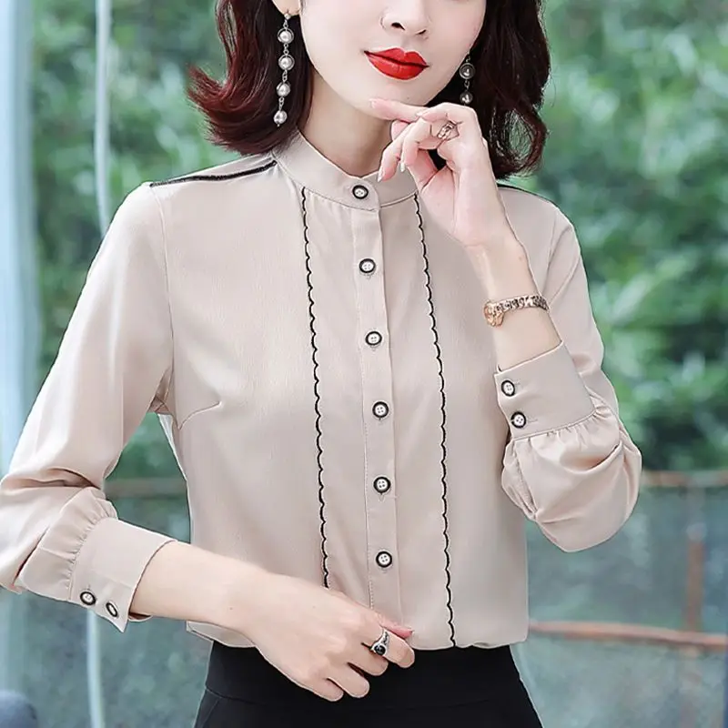 

Standing Collar Popular Chiffon Shirt for Women's High-end New Spring Autumn Korean Version Commuting Elegant Professional Top