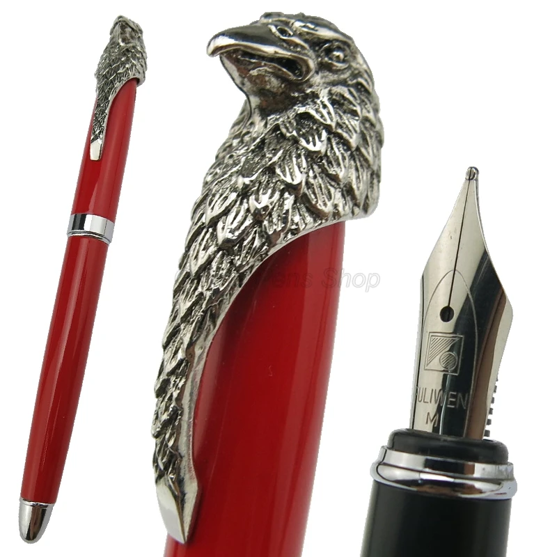 Fuliwen Metal Red Barrel Owl Eagle Head Clip Fountain Pen Medium Nib 0.7mm Silver Trim Writing Fountain Pen Gift