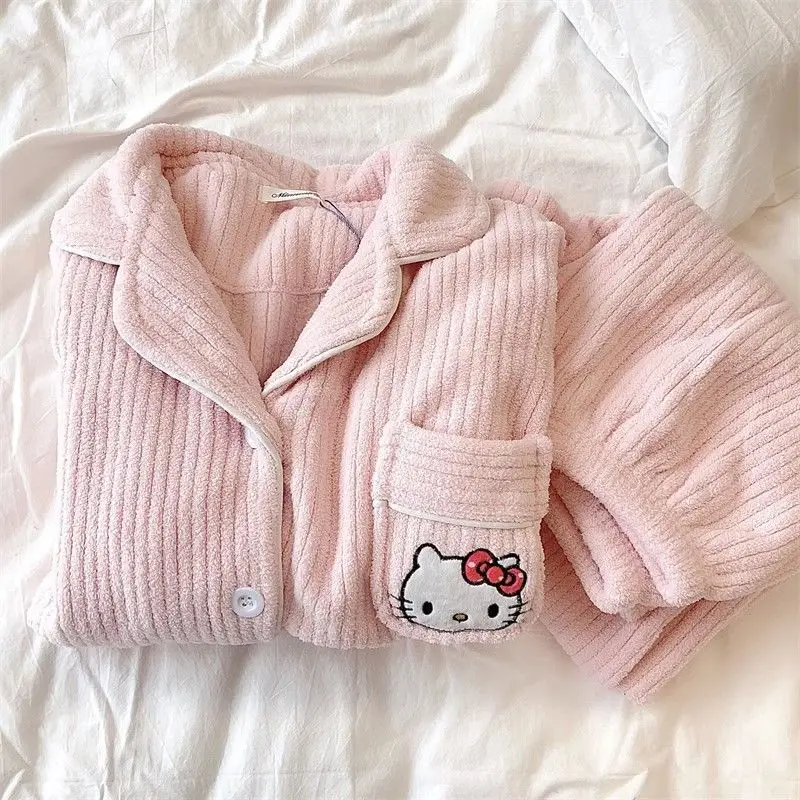 

Sanrio cartoon cute Hello Kitty pajamas for women coral velvet autumn and winter Korean version plus velvet striped home clothes