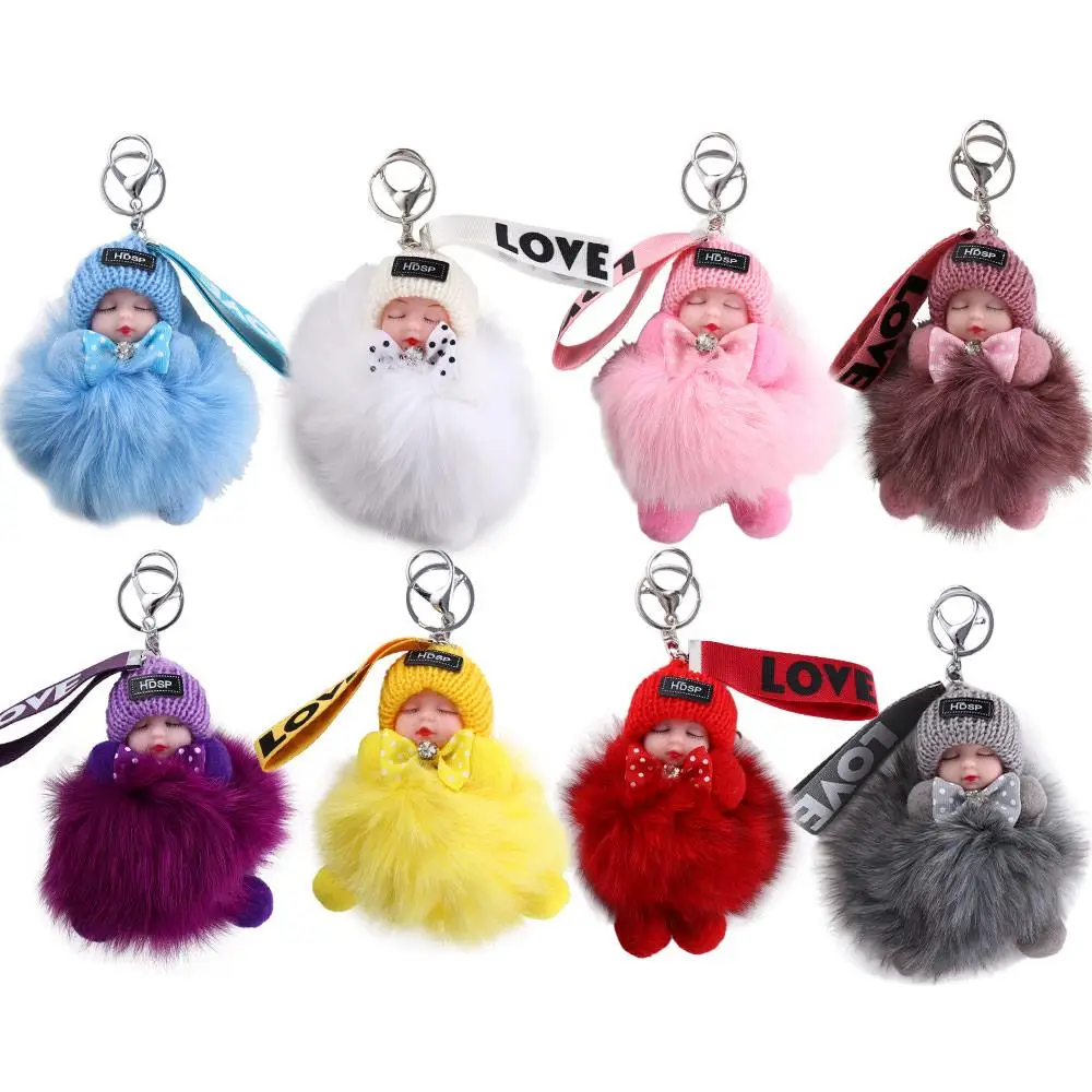 Accessories Ball Pendant Cars Key Ring Backpack Bag Pendant Pompom Keyring Plush Keychain Fluffy Plush Doll Sleeping Baby Doll