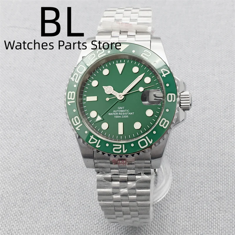 BLIGER 40mm GMT Men Mechanical Wristwatch NH34 Watch Sapphire Glass C3 Luminous Ceramic Bezel Green Dial Waterproof Glide Clasp 6