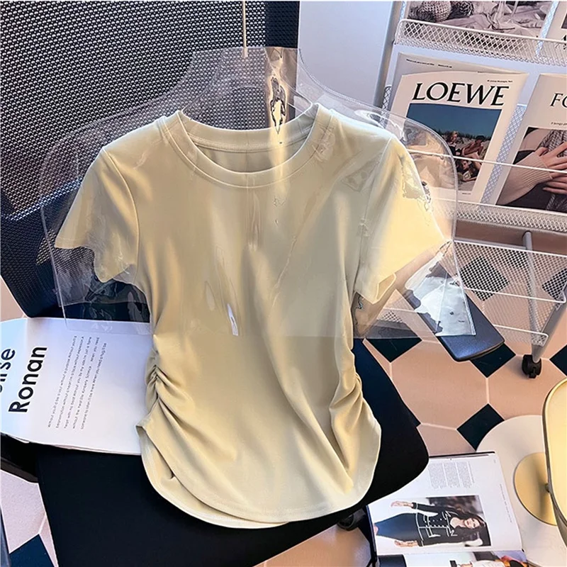 Summer ort Sve T-irt Women's Waist-Cinching Hem Irregular Arc Design Commute Sle Korean Version Polyester Fiber