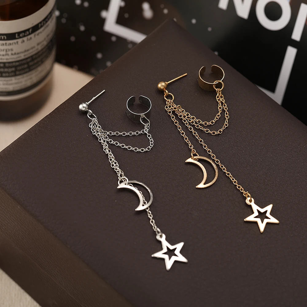 Vintage Pendant Metal Dangle Earrings with Long Chain Ear Clip for Women Silver Gold Color Star Moon Earring Jewelry