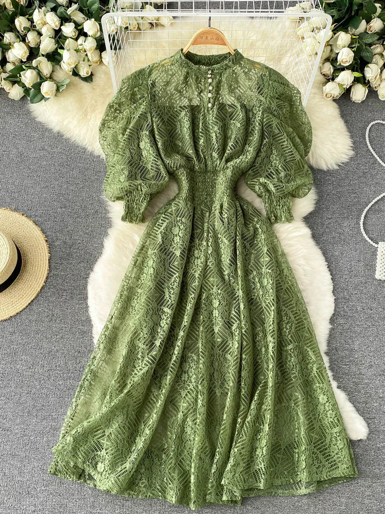 

Vintage Women Lace Dress Spring Autumn Stand Collar Puff Sleeve High Waist Party Robe Female Elegant Green/Purple Midi Vestidos