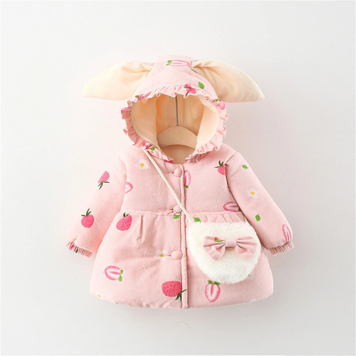 2 Pieces Set Winter Girls Jackets Bags Cartoon Strawberry Prints Single Breasted Rabbit Ears Hooded Cotton Clothes