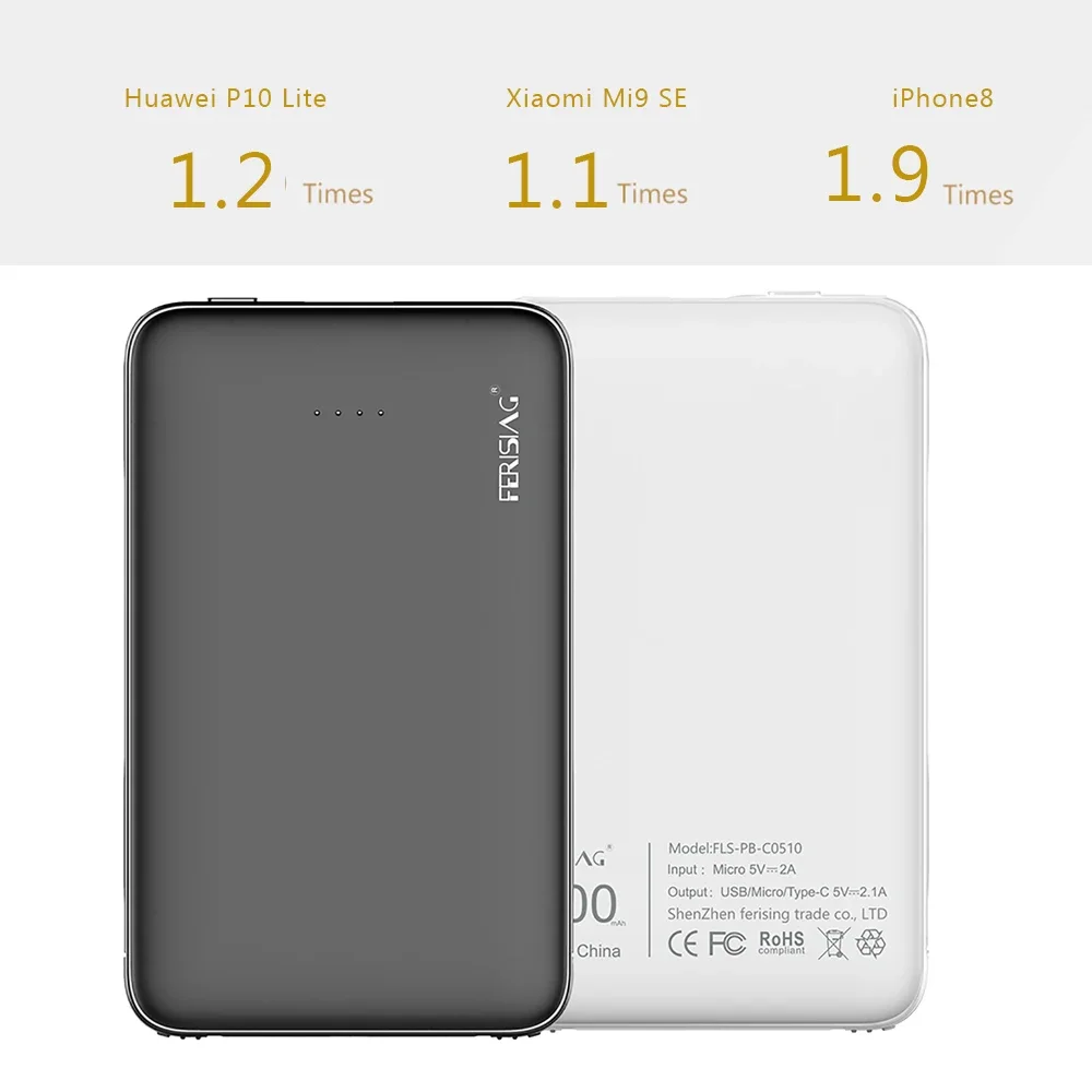 FERISING 5000mAh Power Bank USB Type C Mini Portable Charger External Battery Charging for Mobile Phone