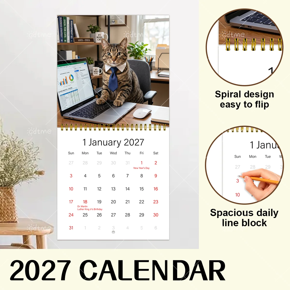 Whimsical Cat-Themed Wall Calendar - Spiral Bound Monthly Planner & Decor Gift