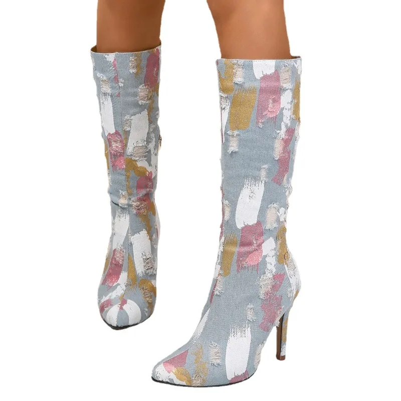 Shoes Female 2023 Knee-High Women's Boots Sexy Modern Boots Women Patchwork Raw Edge Zip Pointed Toe Thin High Heel Shoes Women