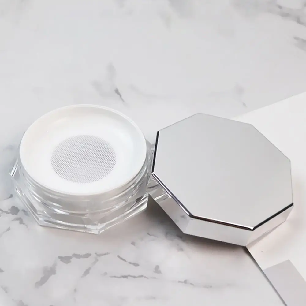 Portable Plastic Loose Powder Container Silver Reusable Loose Powder Jar with Puff Octagonal Loose Powder Case Woman Girls