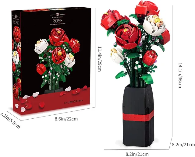 Rose Flowers Bouquet Building Block Sets with Vase,Rich Colours and Silky Feel,Botanical Collection,Creative Gifts for Adult 6