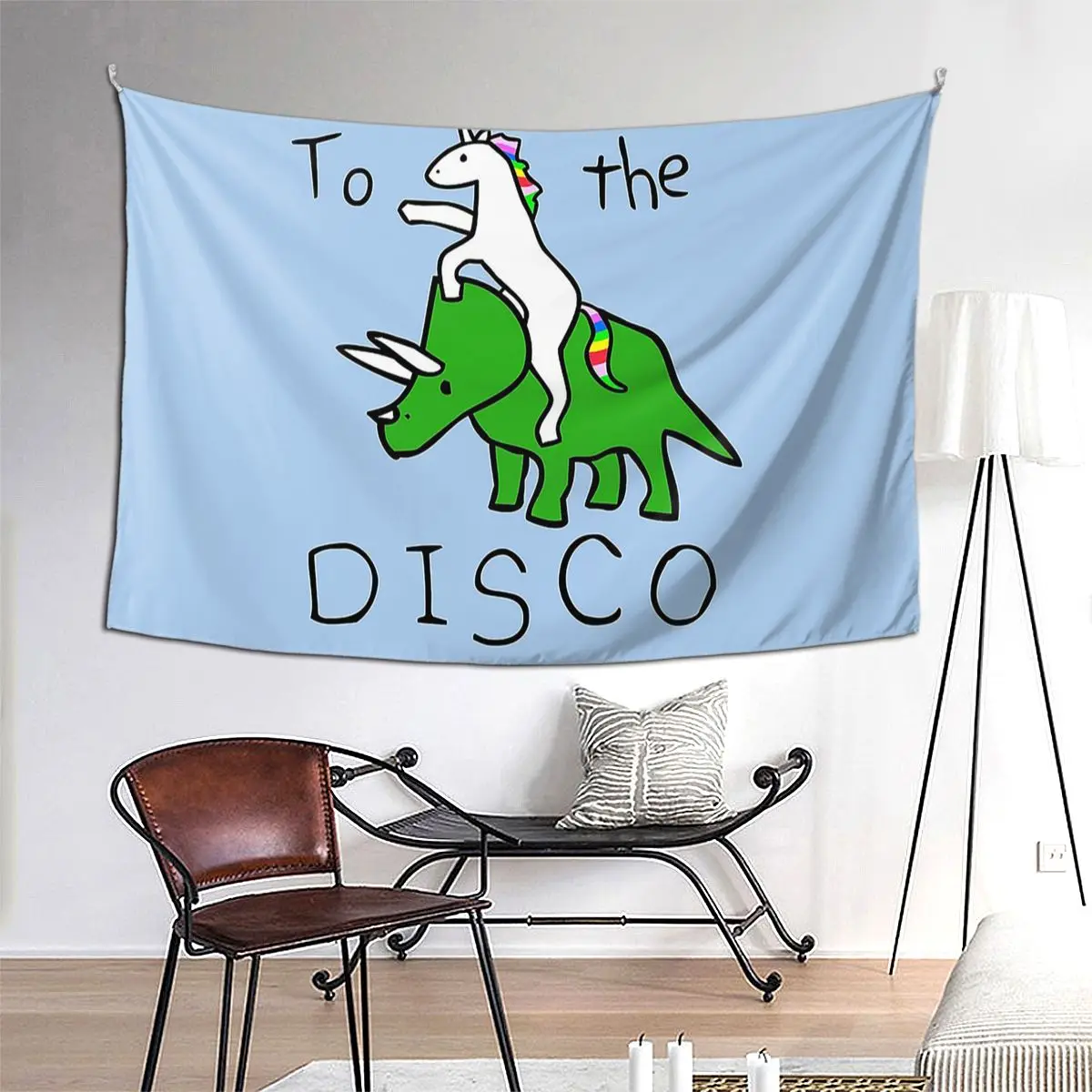 

To The Disco (Unicorn Riding Triceratops) Tapestry Wall Hanging Aesthetic Home Decoration Tapestries for Living Room Bedroom