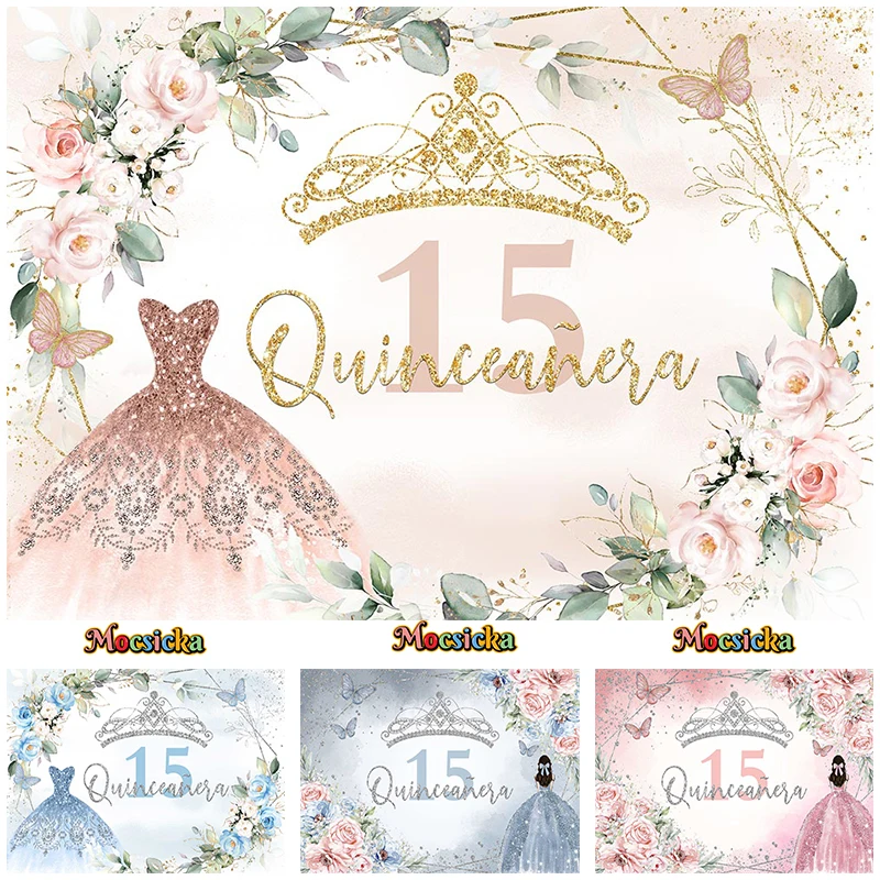 

Mocsicka Photography Background Princess 15st Happy Birthday Party Floral Crown Backdrop Studio Props Customizable Banner