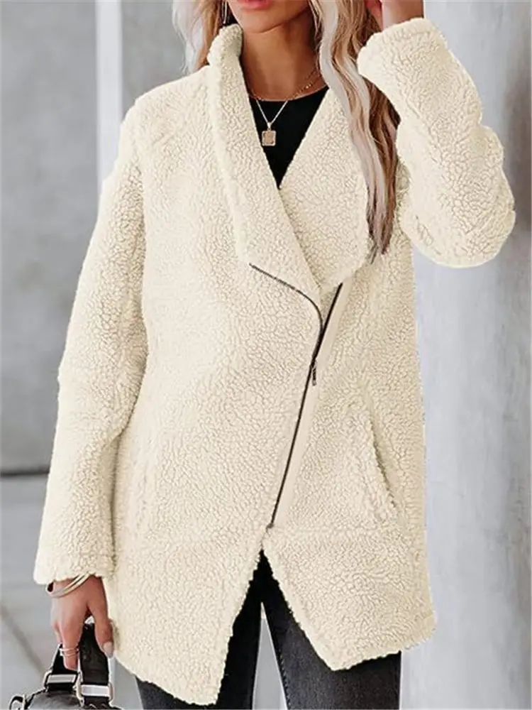 

Winter Sherpa Fleece Coat Vintage Faux fur Jacket Lapel Asymmetrical Chic Zipper Cardigan Women Fluffy Teddy Tops