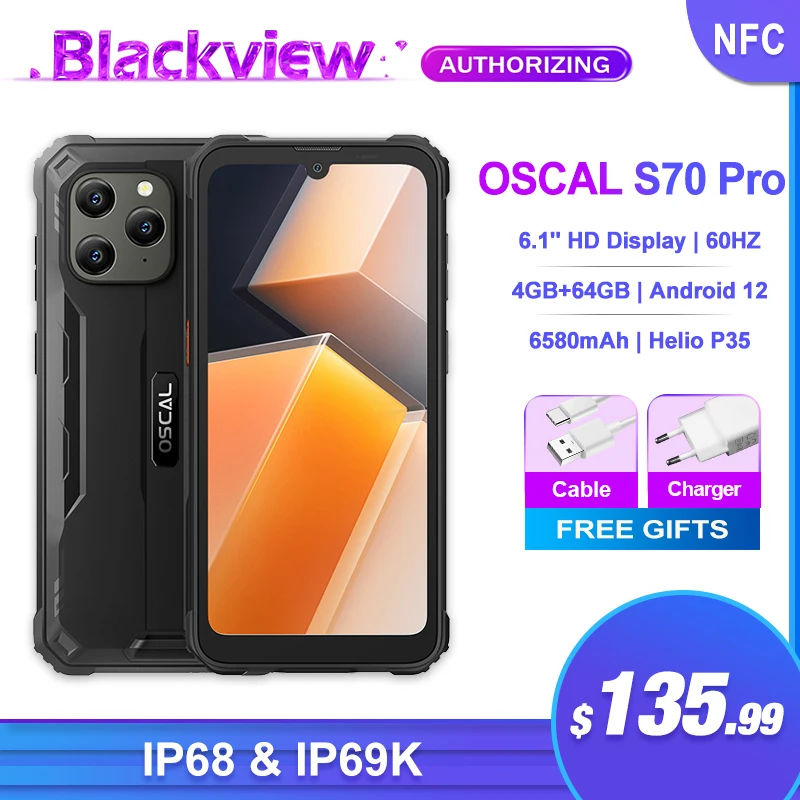 Прочный смартфон OSCAL S70 Pro, 4 Гб + 3 Гб ОЗУ, 64 Гб ПЗУ, экран 6,1 дюйма, водозащита IP68, мобильный телефон 6580 мАч, Helio P35, телефон на базе Android 12