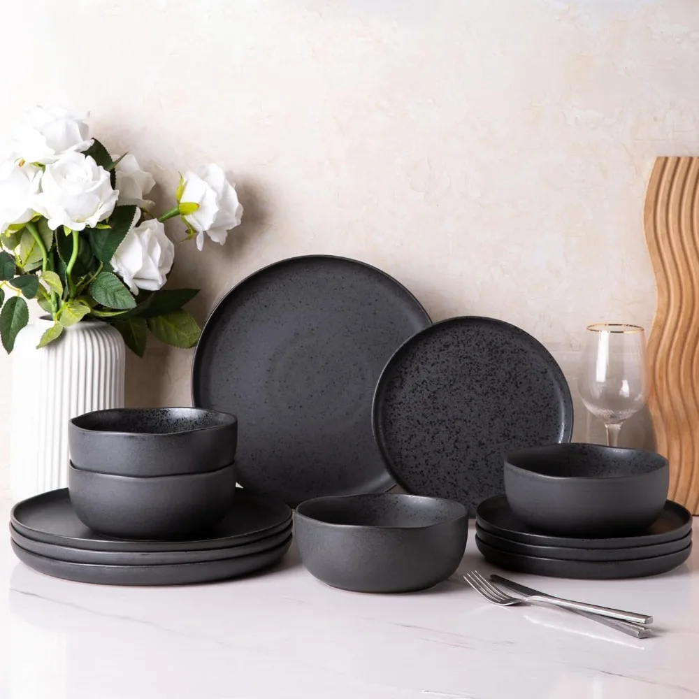 AmorArc Ceramic Dinnerware Sets, Wavy Rim Stoneware Plates and Bowls Sets, Highly Chip and Crack Resistant Dishwasher