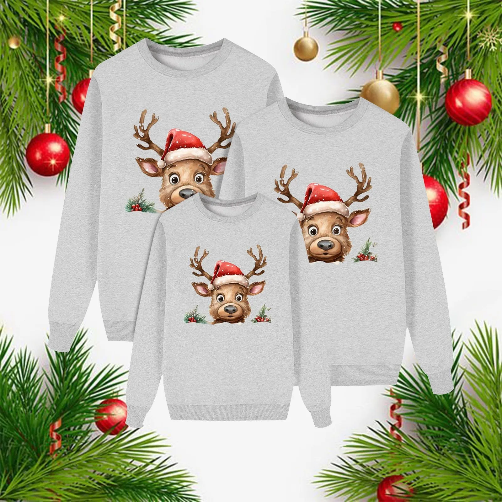 thumbnail image 2 of Suéter familiar con estampado de ciervos navideños, conjunto informal a juego con dibujos animados para toda la familia, ropa de estar en casa de color sólido, sudadera para padres e hijos, 2 of 5