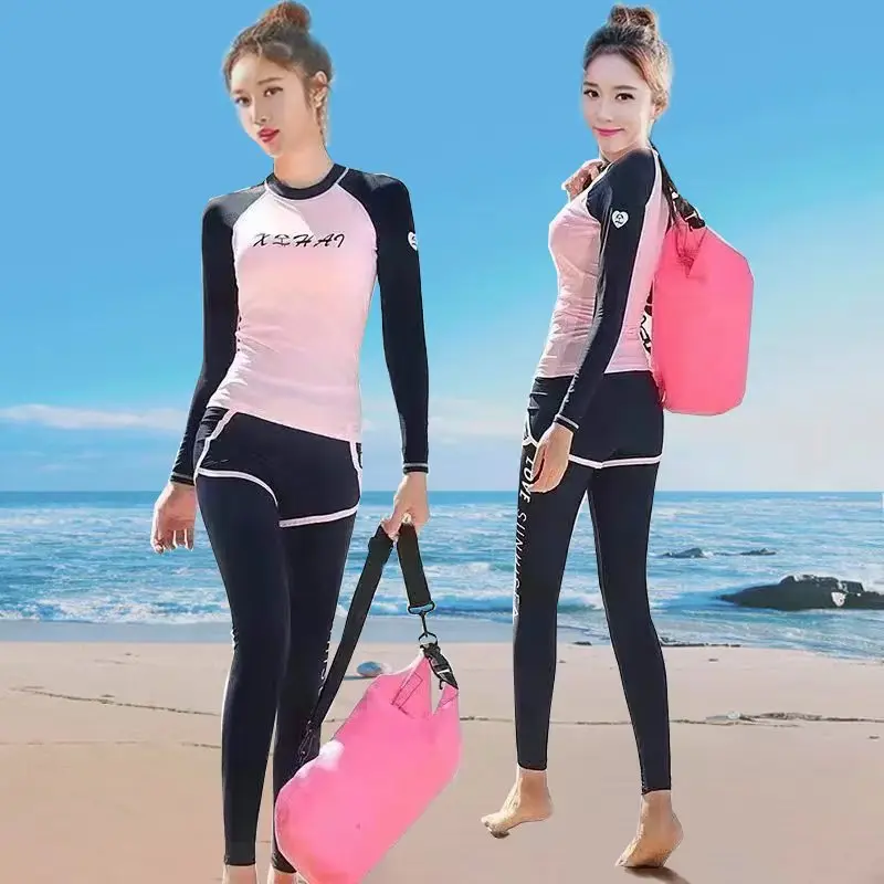 3pc Wetsuit Women Combinaison Surf Long Sleeve Diving Suit Snorkeling Swimsuit Full Cover Sunscreen Swimwear Bodysuit Beachwear