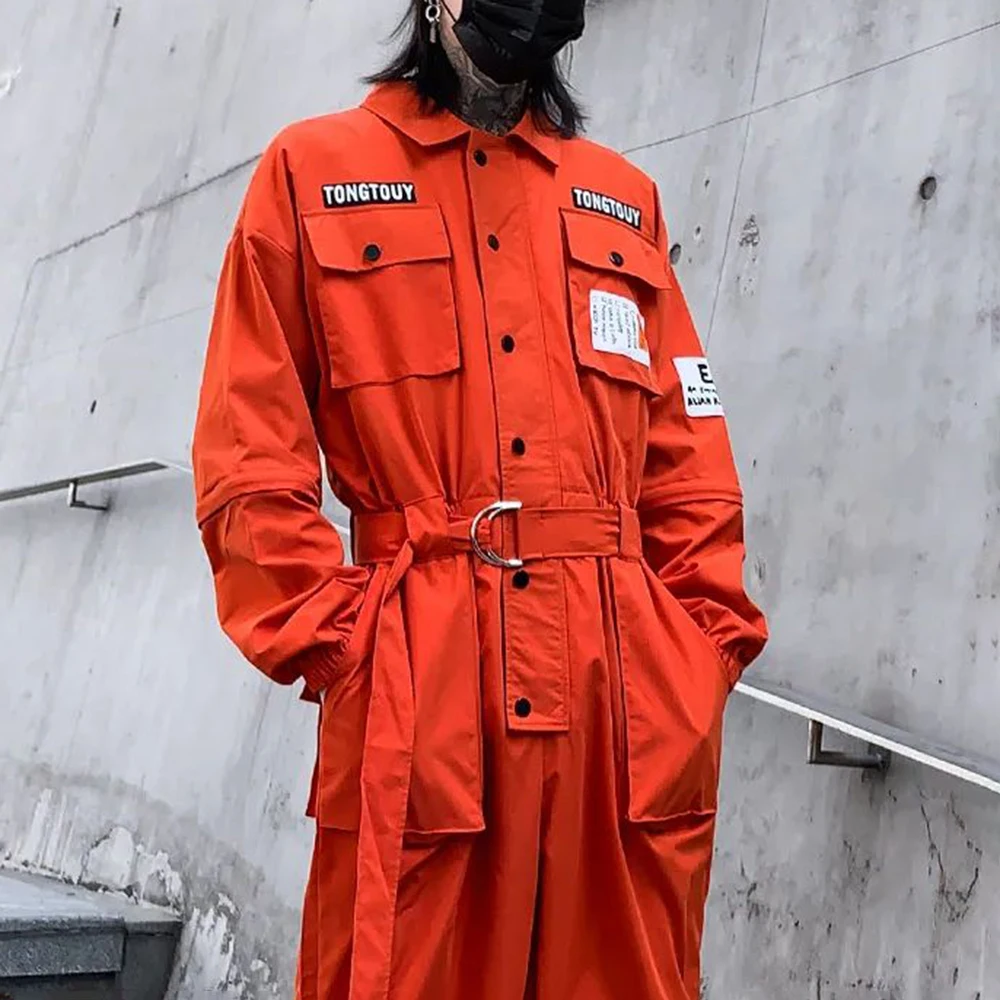 2023 Autumn Street Short Sleeve American Jumpsuit Men's Jumpsuit Suit Motorcycle Removable Pants Hip-Hop Leg Pants