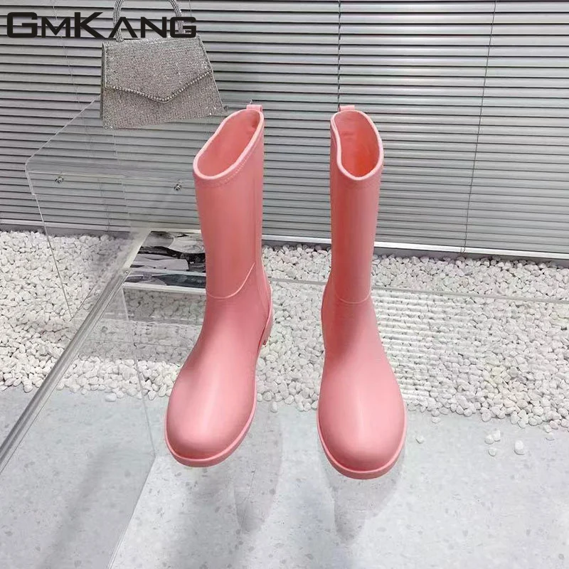 Thick Sole Rain Boots Woman Round Toe Slip-on Rubber Waterproof Rainboots Ladies Long Boots Flat Platform  Rain Shoes For Women