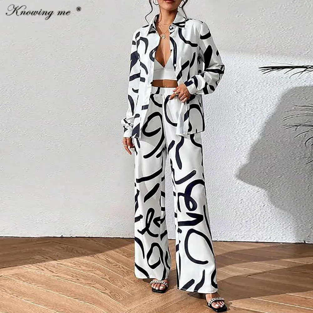 

Женский комплект из 2 предметов, блузка с принтом и брюки с широкими штанинами